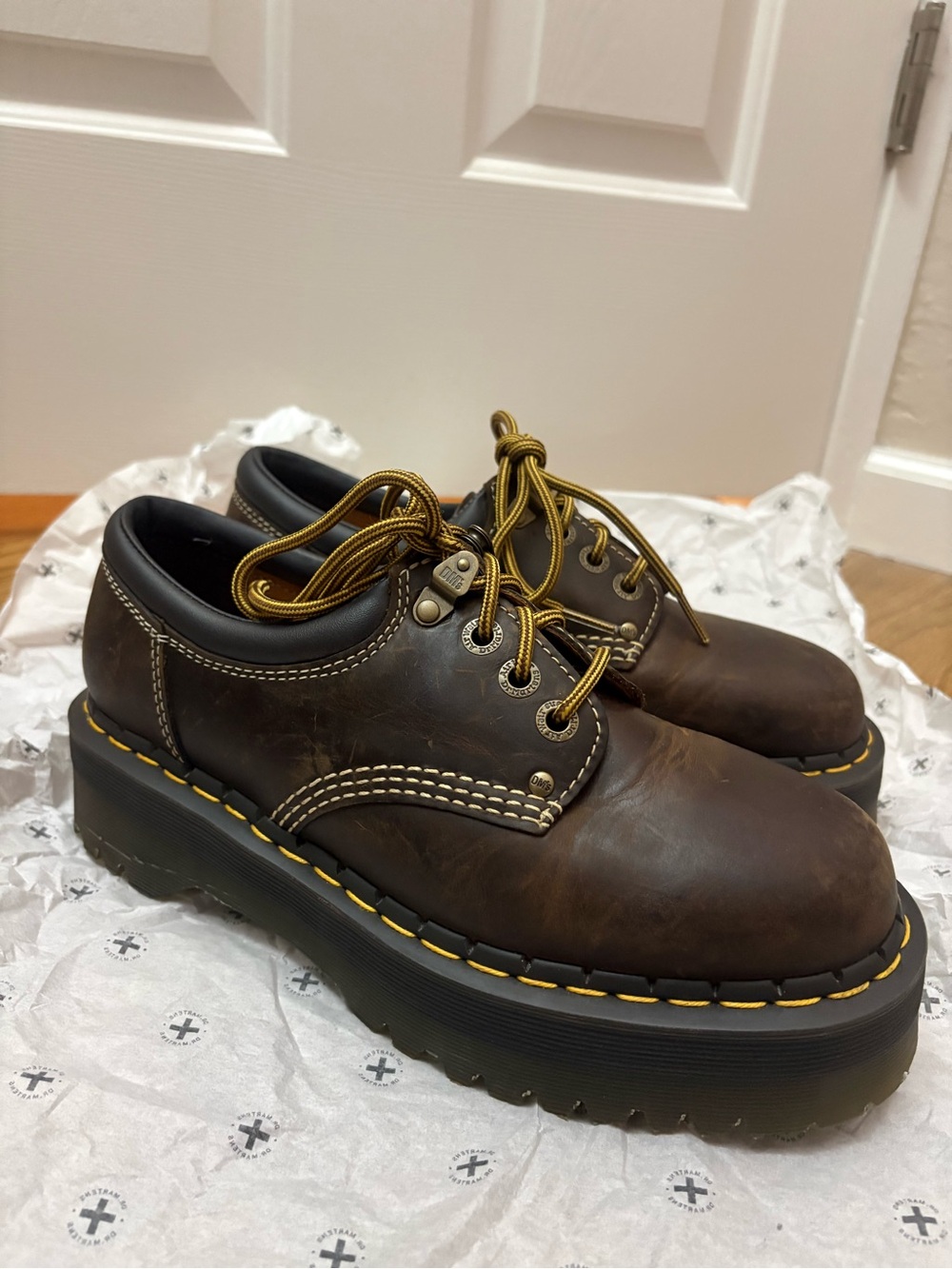 Dr. Martens Brown Leather Platform Oxfords with Yellow Stitching